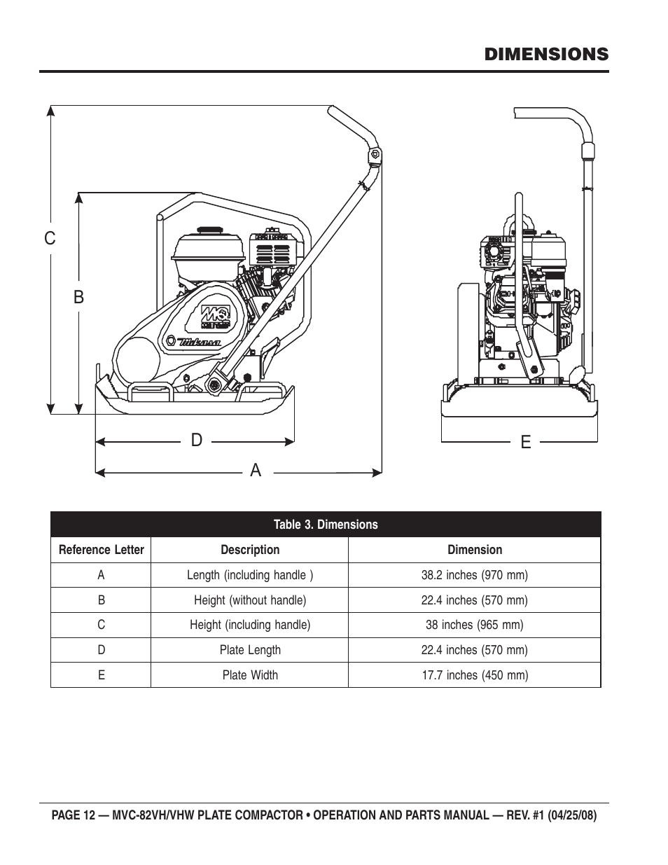 Cb e a d, Dimensions | Multiquip MVC82VH/VHW User Manual | Page 12 / 70