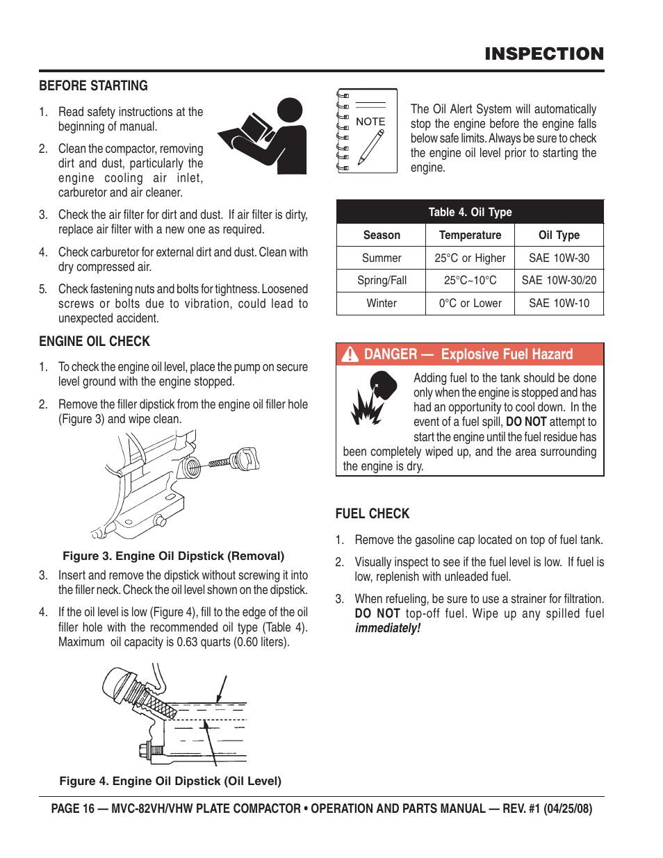 Inspection, Danger — explosive fuel hazard | Multiquip MVC82VH/VHW User Manual | Page 16 / 70