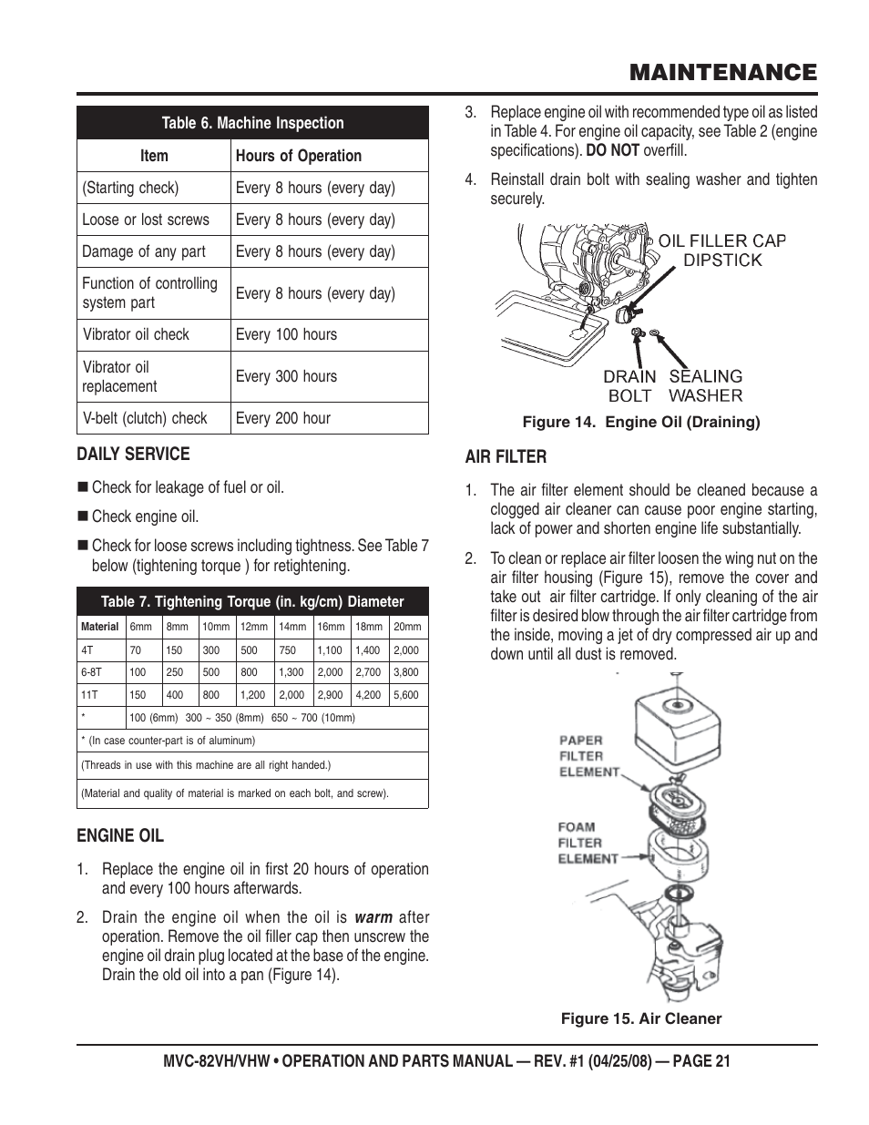 Maintenance, Daily service, Engine oil | Air filter | Multiquip MVC82VH/VHW User Manual | Page 21 / 70