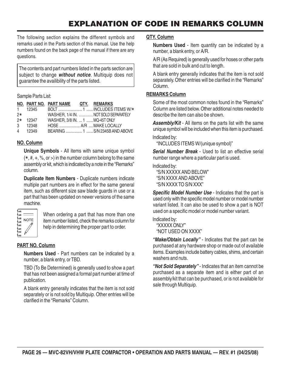 Explanation of code in remarks column | Multiquip MVC82VH/VHW User Manual | Page 26 / 70