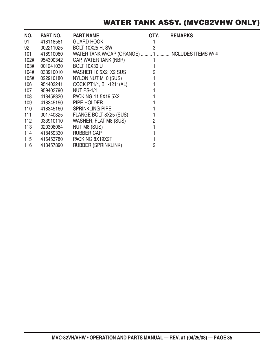 Water tank assy. (mvc82vhw only) | Multiquip MVC82VH/VHW User Manual | Page 35 / 70