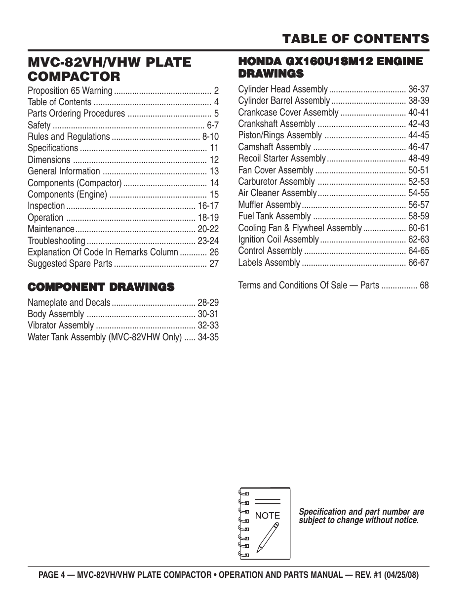 Mvc-82vh/vhw plate compactor | Multiquip MVC82VH/VHW User Manual | Page 4 / 70
