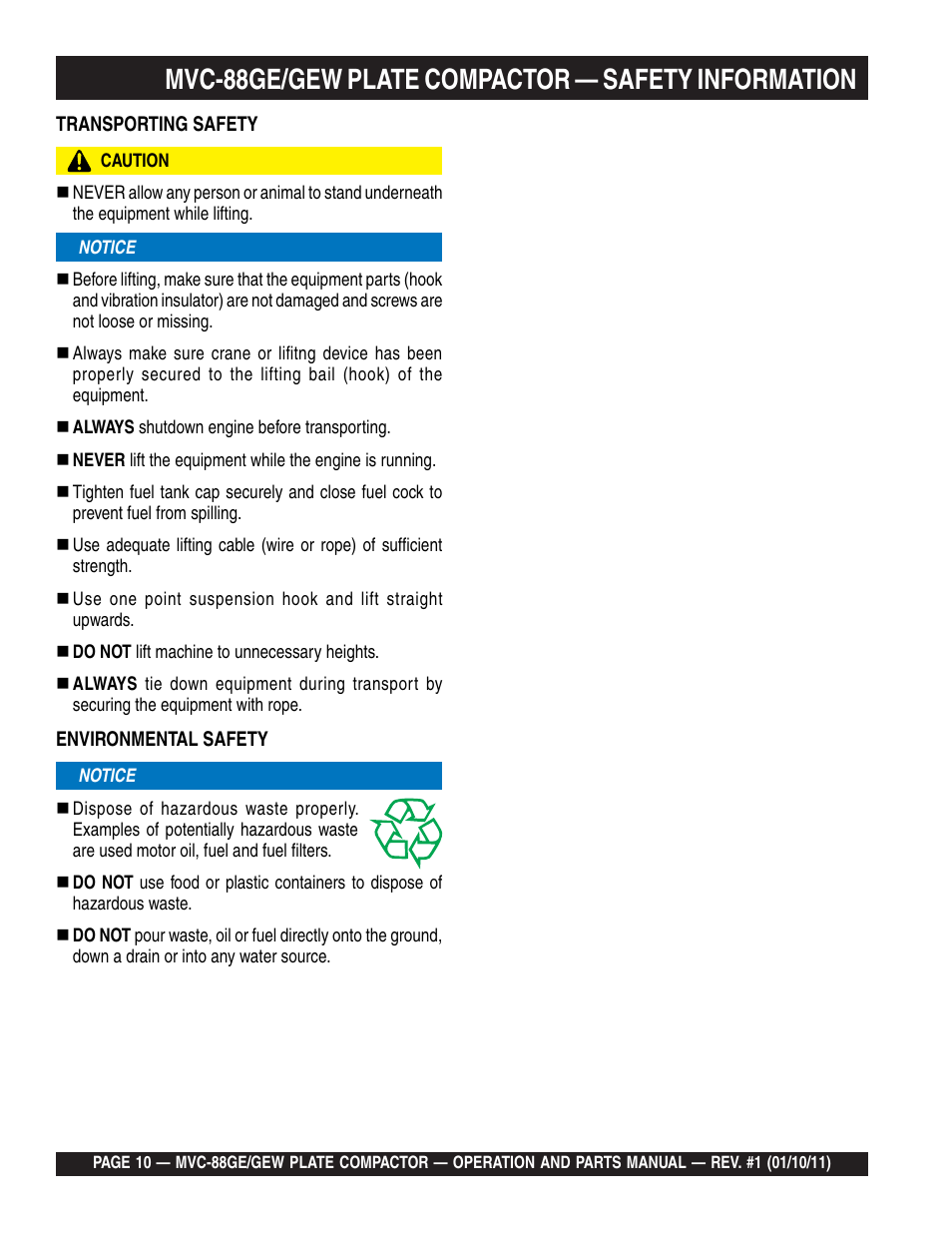 Lmvc-88ge/gew plate compactor — safety information | Multiquip MVC88GE/GEW User Manual | Page 10 / 62