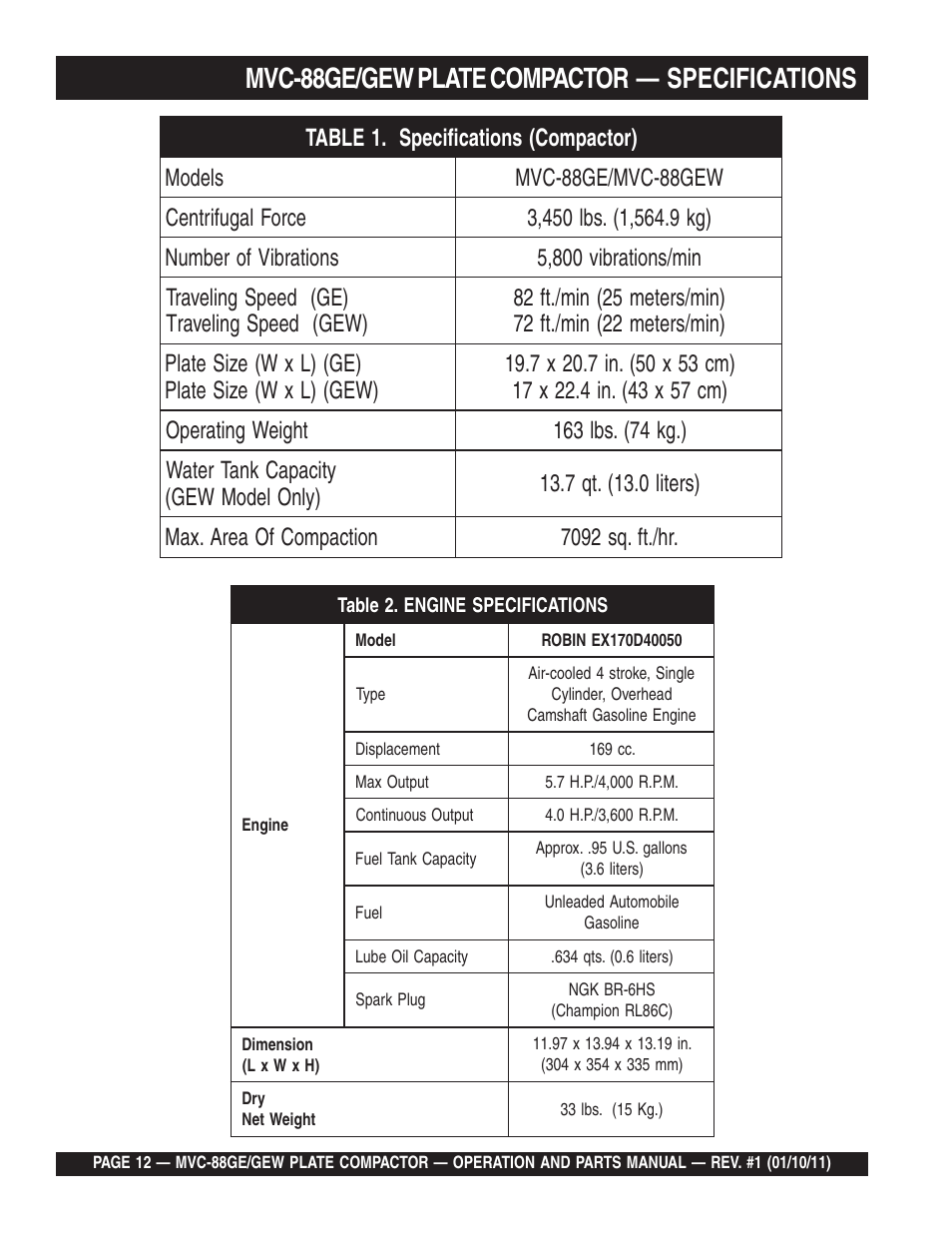 Lmvc-88ge/gew plate compactor — specifications | Multiquip MVC88GE/GEW User Manual | Page 12 / 62