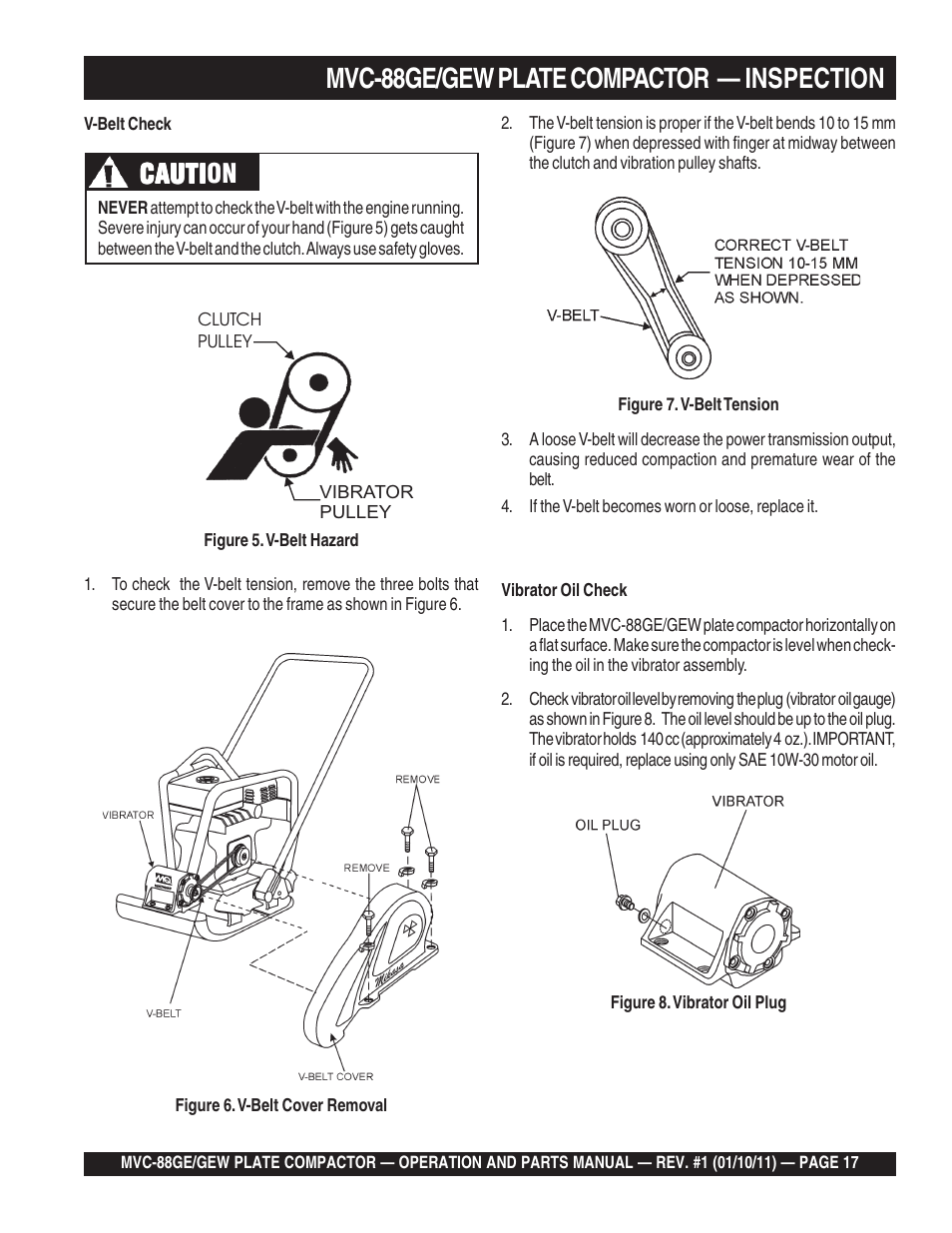 Mvc-88ge/gew plate compactor — inspection, Cauti, Cauti caution | Multiquip MVC88GE/GEW User Manual | Page 17 / 62