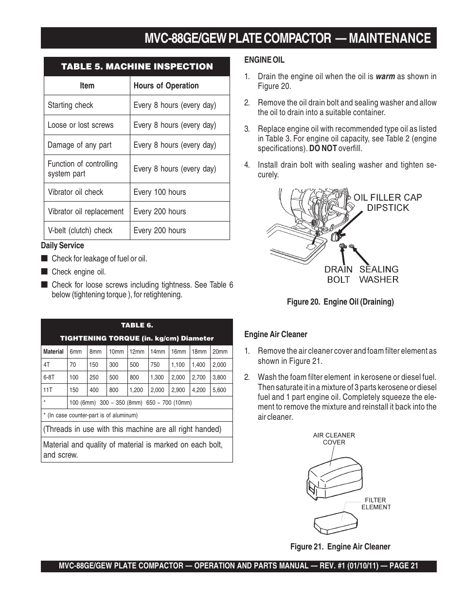 Mvc-88ge/gew plate compactor — maintenance | Multiquip MVC88GE/GEW User Manual | Page 21 / 62