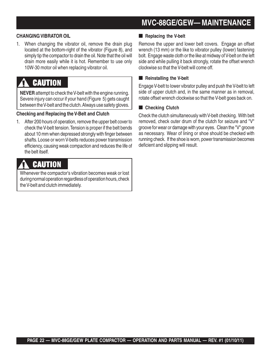 Lmvc-88ge/gew— maintenance, Cauti, Cauti caution | Multiquip MVC88GE/GEW User Manual | Page 22 / 62