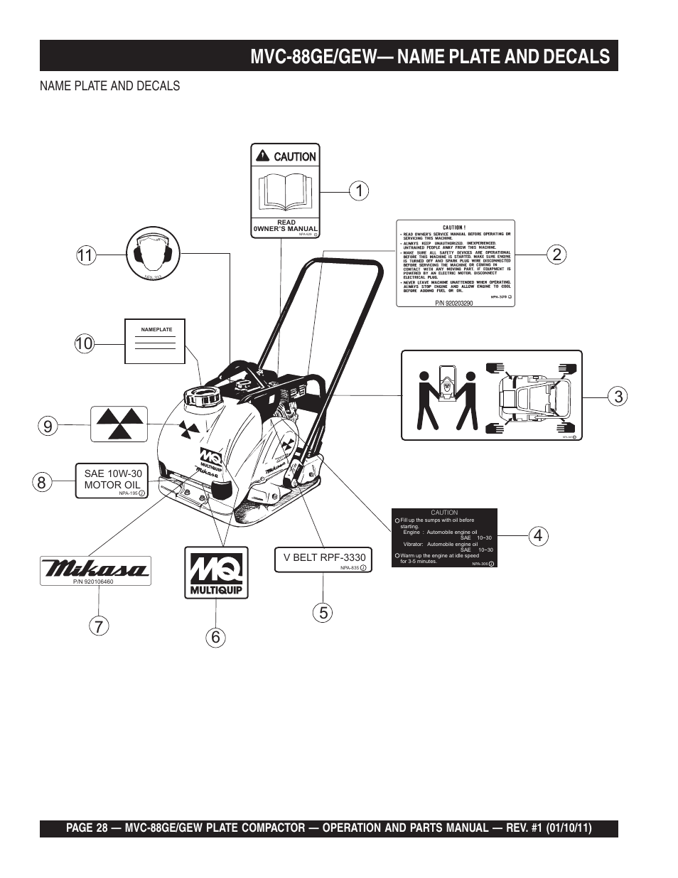 Mvc-88ge/gew— name plate and decals, Name plate and decals | Multiquip MVC88GE/GEW User Manual | Page 28 / 62