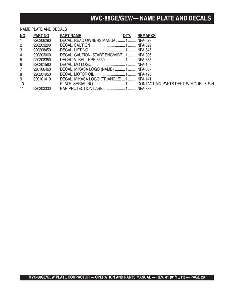 Mvc-88ge/gew— name plate and decals | Multiquip MVC88GE/GEW User Manual | Page 29 / 62