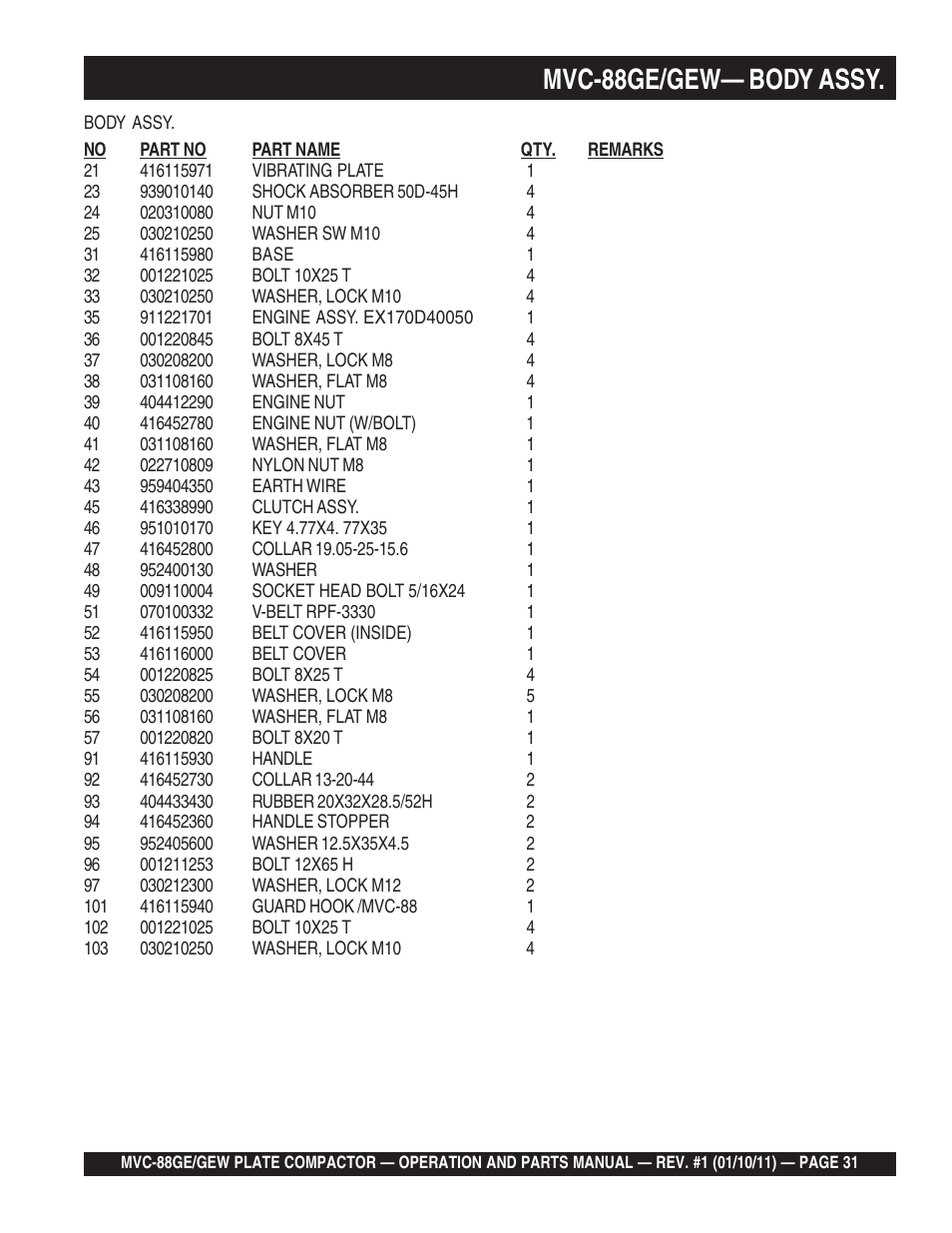 Mvc-88ge/gew— body assy | Multiquip MVC88GE/GEW User Manual | Page 31 / 62