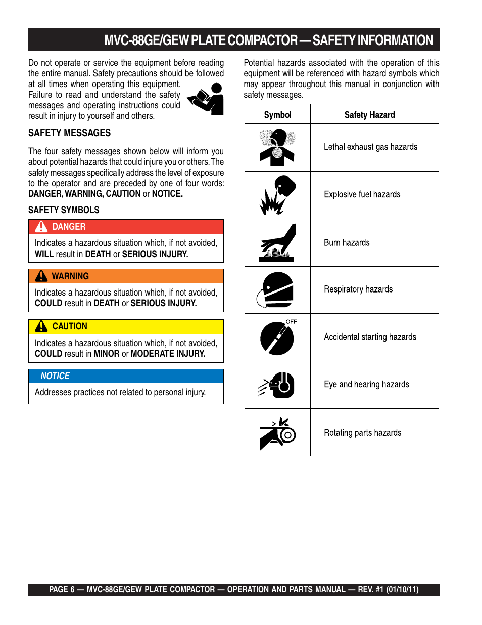 Lmvc-88ge/gew plate compactor — safety information | Multiquip MVC88GE/GEW User Manual | Page 6 / 62