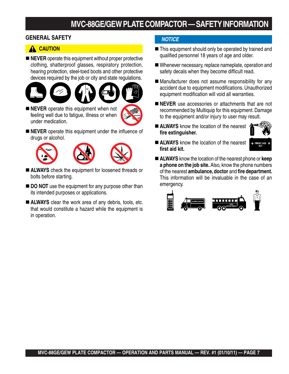 Mvc-88ge/gew plate compactor — safety information | Multiquip MVC88GE/GEW User Manual | Page 7 / 62