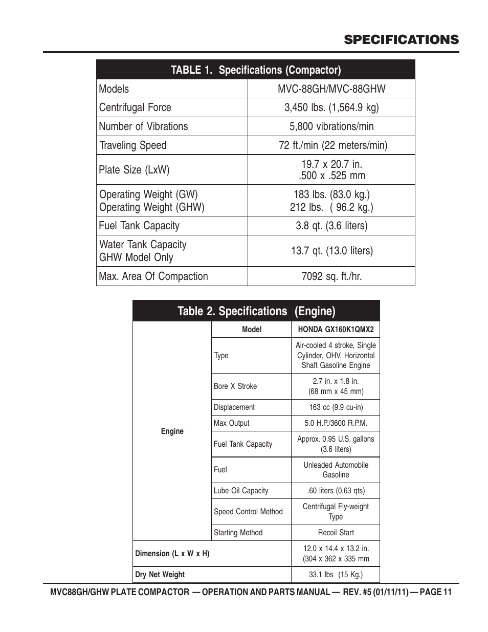 Specifications | Multiquip MVC88GH/GHW User Manual | Page 11 / 74