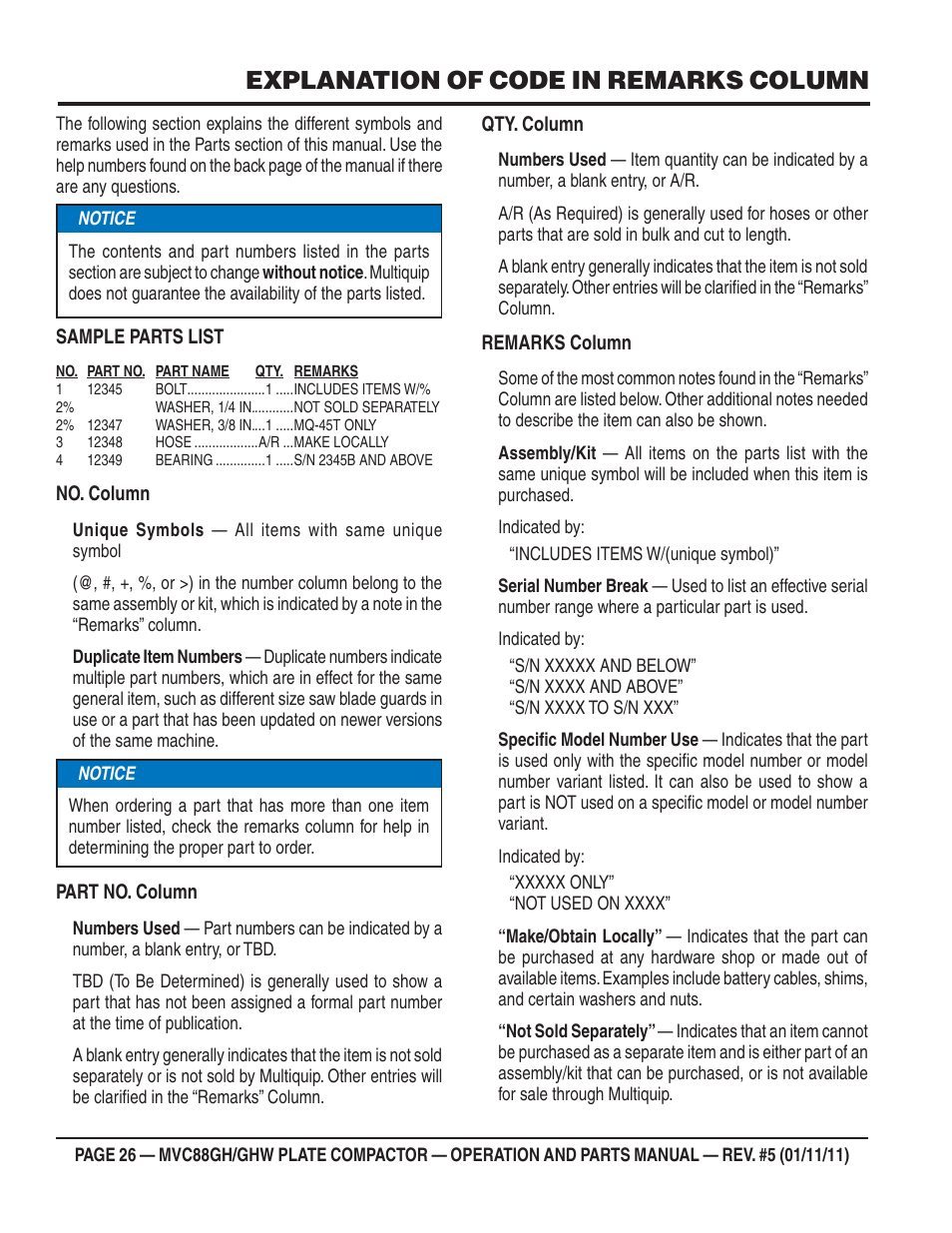 Explanation of code in remarks column | Multiquip MVC88GH/GHW User Manual | Page 26 / 74
