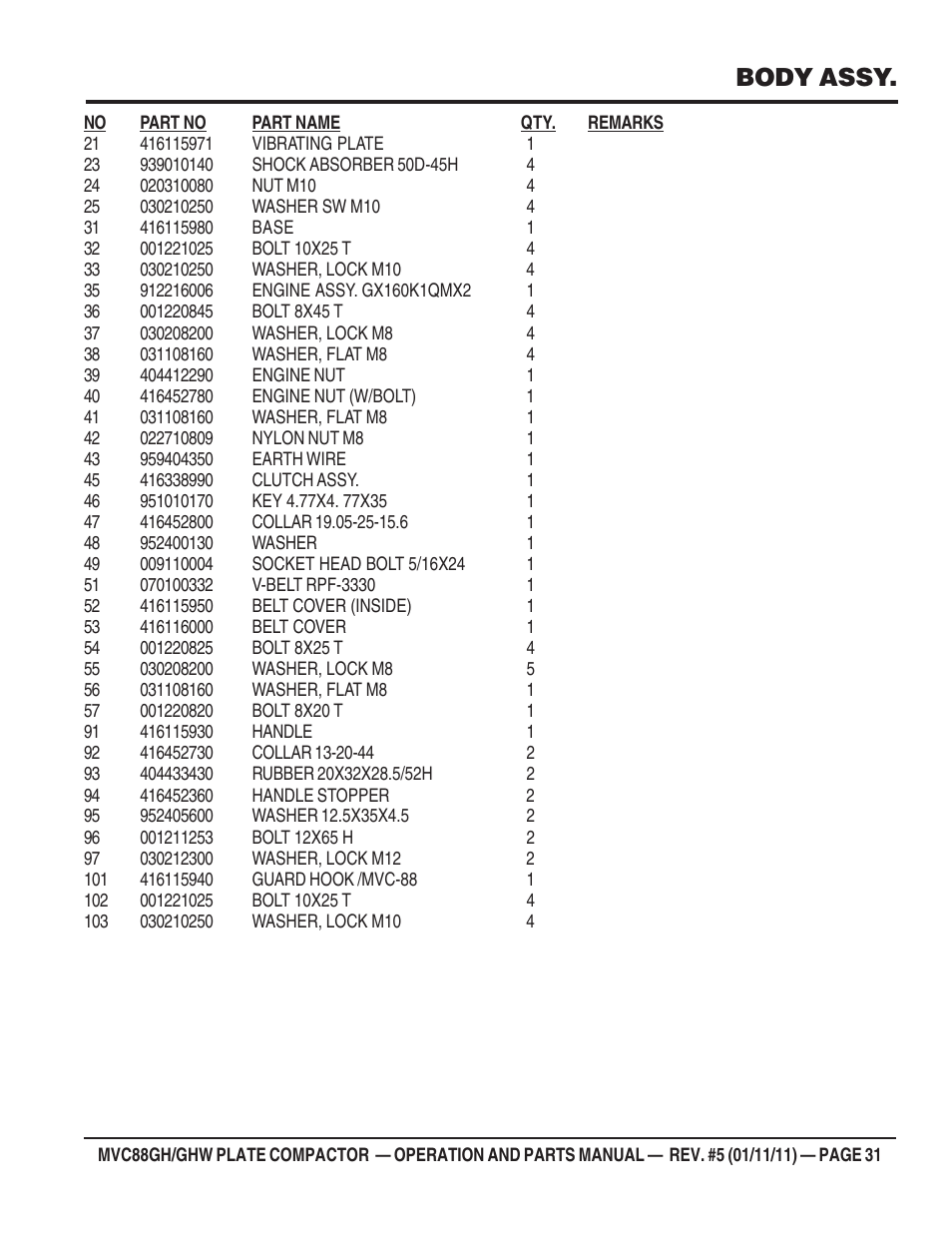 Body assy | Multiquip MVC88GH/GHW User Manual | Page 31 / 74