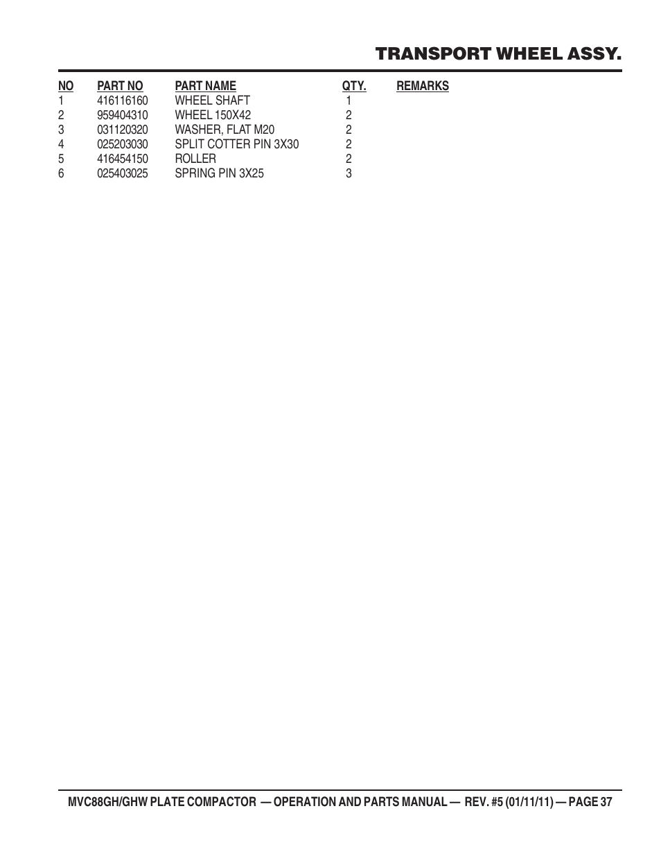 Transport wheel assy | Multiquip MVC88GH/GHW User Manual | Page 37 / 74