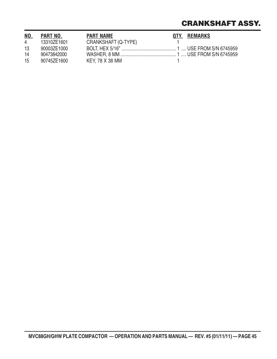 Crankshaft assy | Multiquip MVC88GH/GHW User Manual | Page 45 / 74