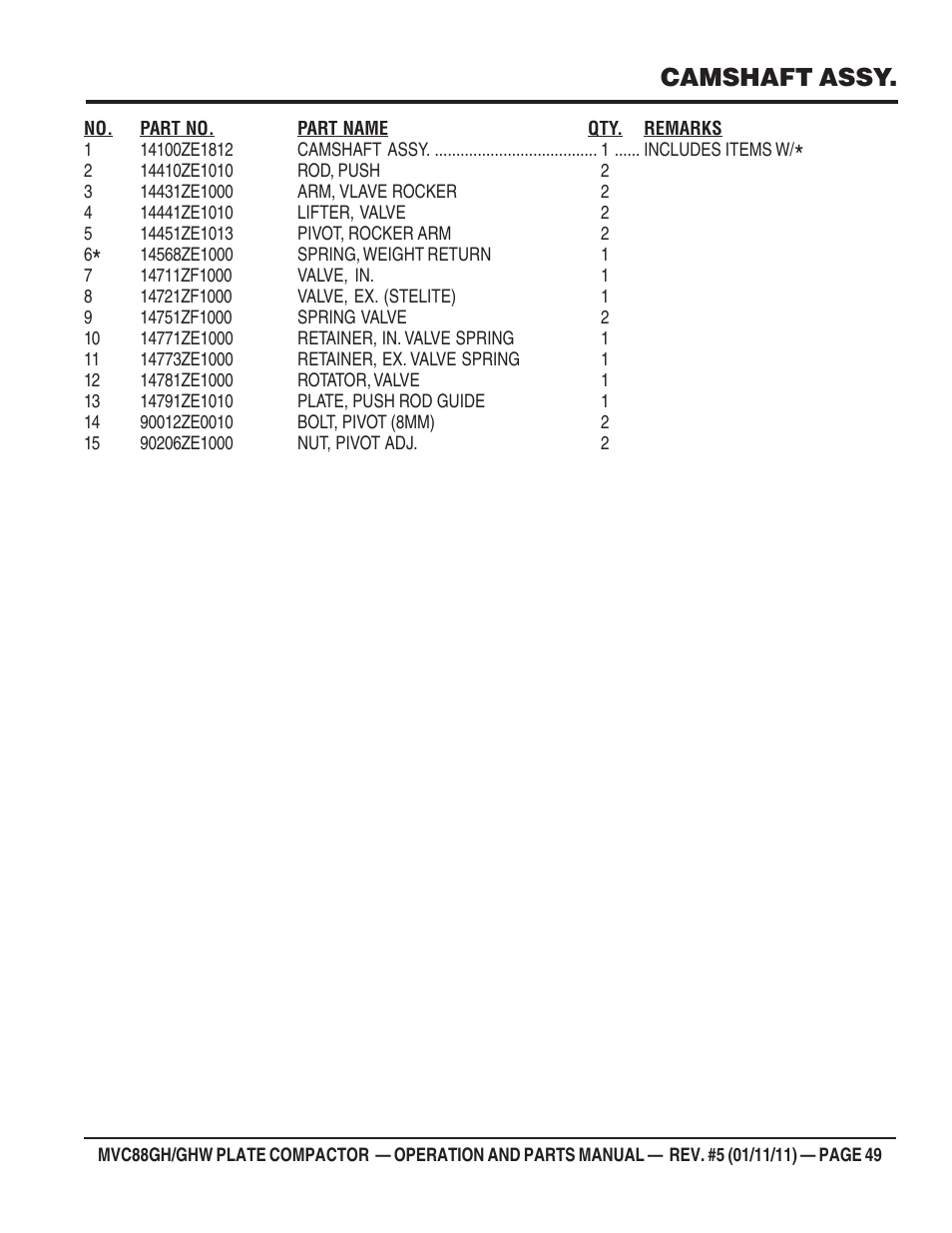 Camshaft assy | Multiquip MVC88GH/GHW User Manual | Page 49 / 74