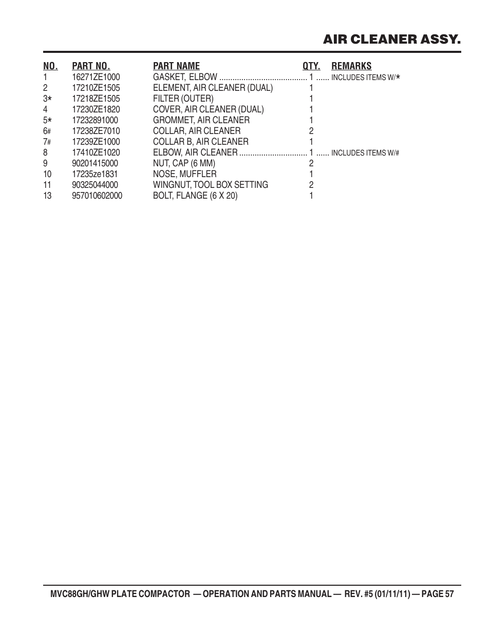 Air cleaner assy | Multiquip MVC88GH/GHW User Manual | Page 57 / 74
