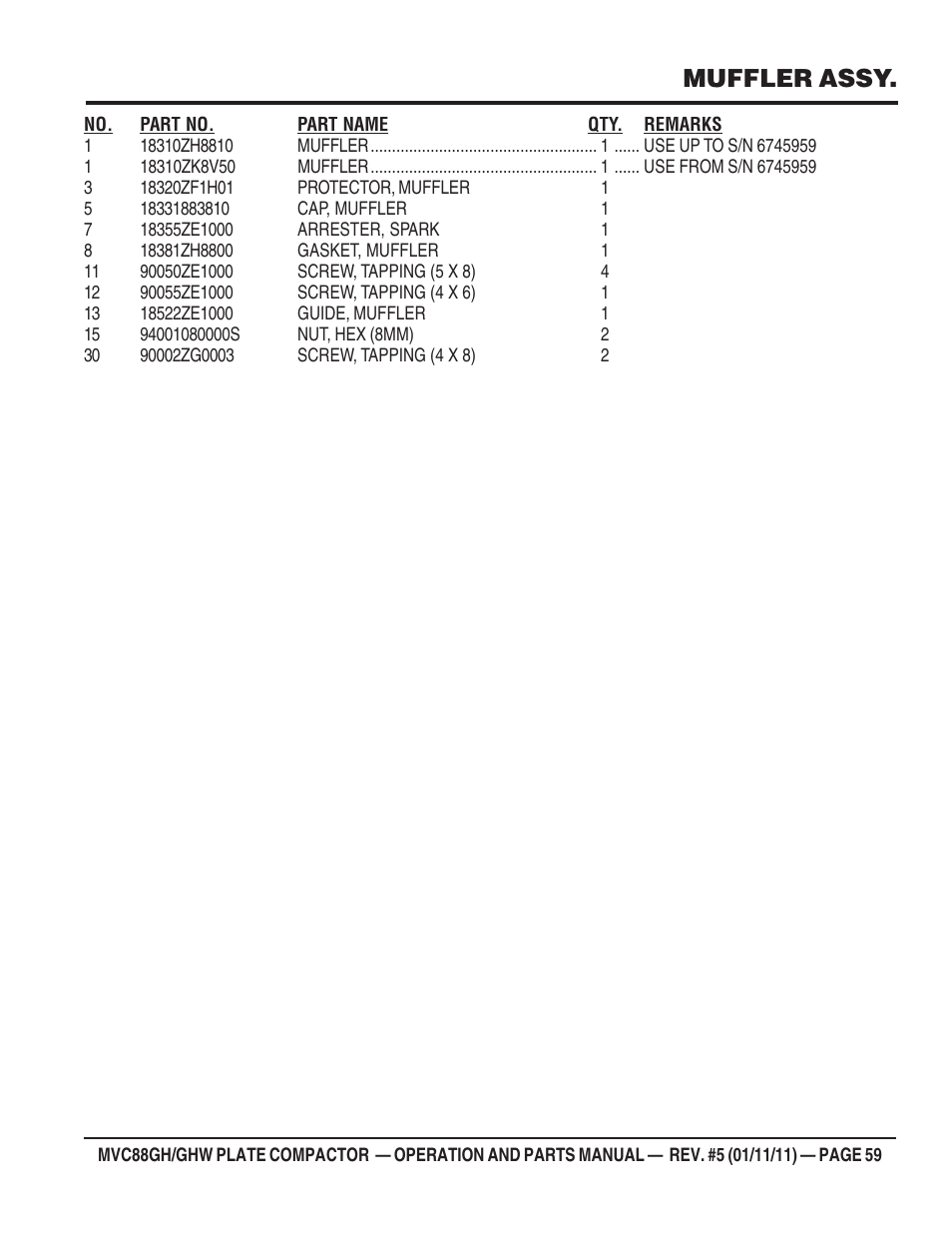 Muffler assy | Multiquip MVC88GH/GHW User Manual | Page 59 / 74