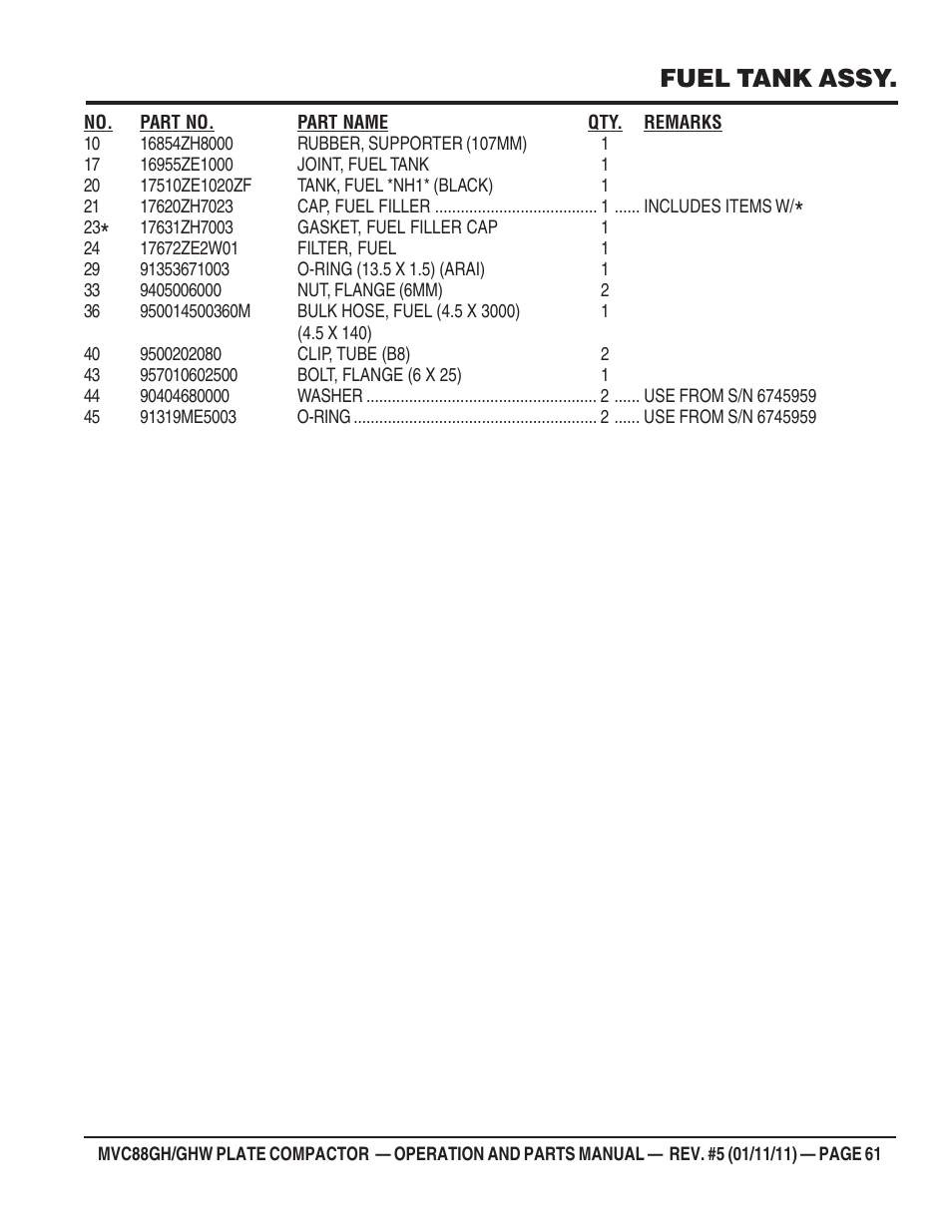 Fuel tank assy | Multiquip MVC88GH/GHW User Manual | Page 61 / 74