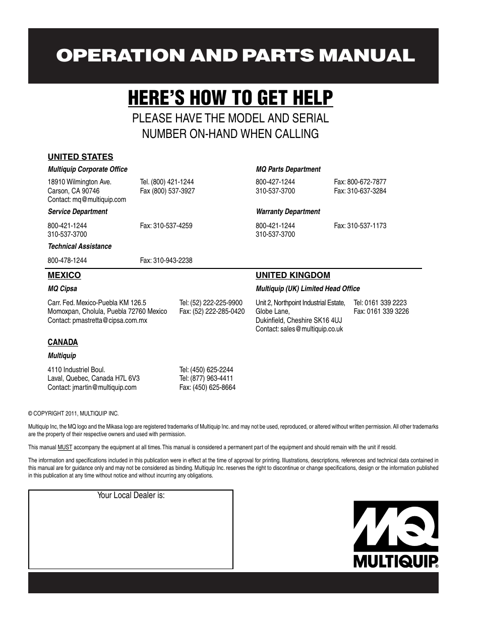 Here’s how to get help, Operation and parts manual | Multiquip MVC88GH/GHW User Manual | Page 74 / 74