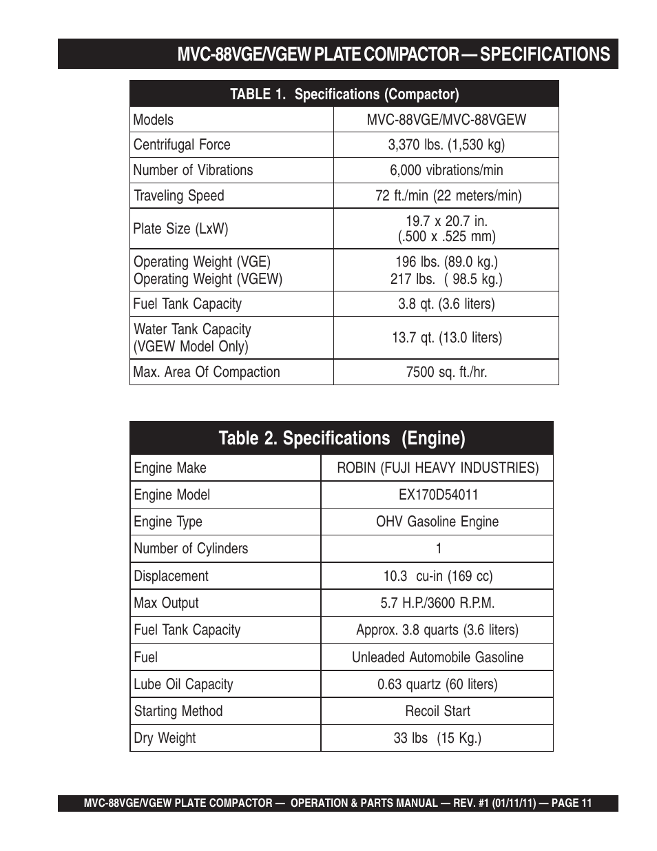 Mvc-88vge/vgew plate compactor — specifications | Multiquip MVC88VGE/VGEW User Manual | Page 11 / 64