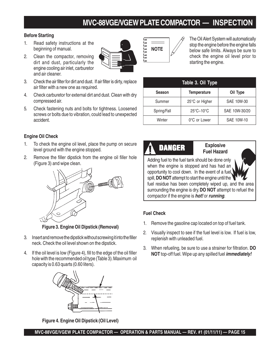 Mvc-88vge/vgew plate compactor — inspection, Danger | Multiquip MVC88VGE/VGEW User Manual | Page 15 / 64