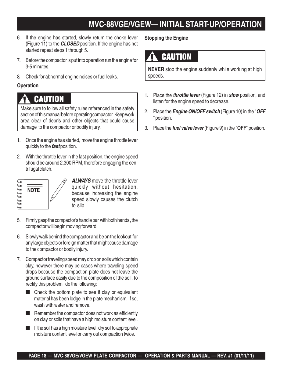 Mvc-88vge/vgew— initial start-up/operation, Cauti, Cauti caution | Multiquip MVC88VGE/VGEW User Manual | Page 18 / 64