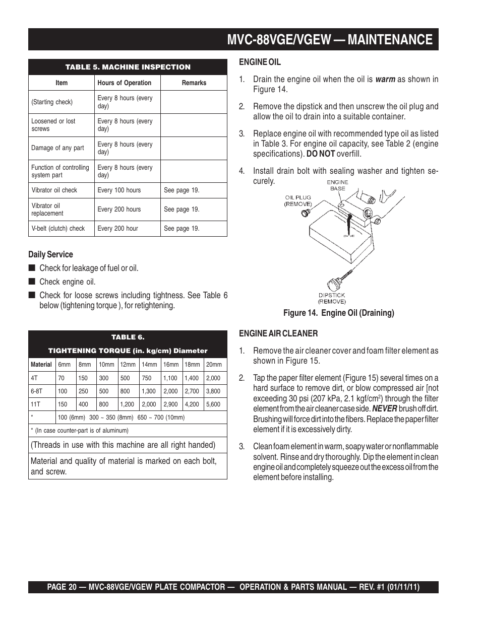 Lmvc-88vge/vgew — maintenance, Warm, Never | Multiquip MVC88VGE/VGEW User Manual | Page 20 / 64