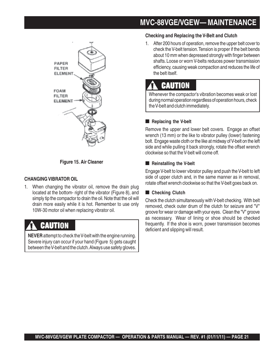 Mvc-88vge/vgew— maintenance, Cauti, Cauti caution | Multiquip MVC88VGE/VGEW User Manual | Page 21 / 64