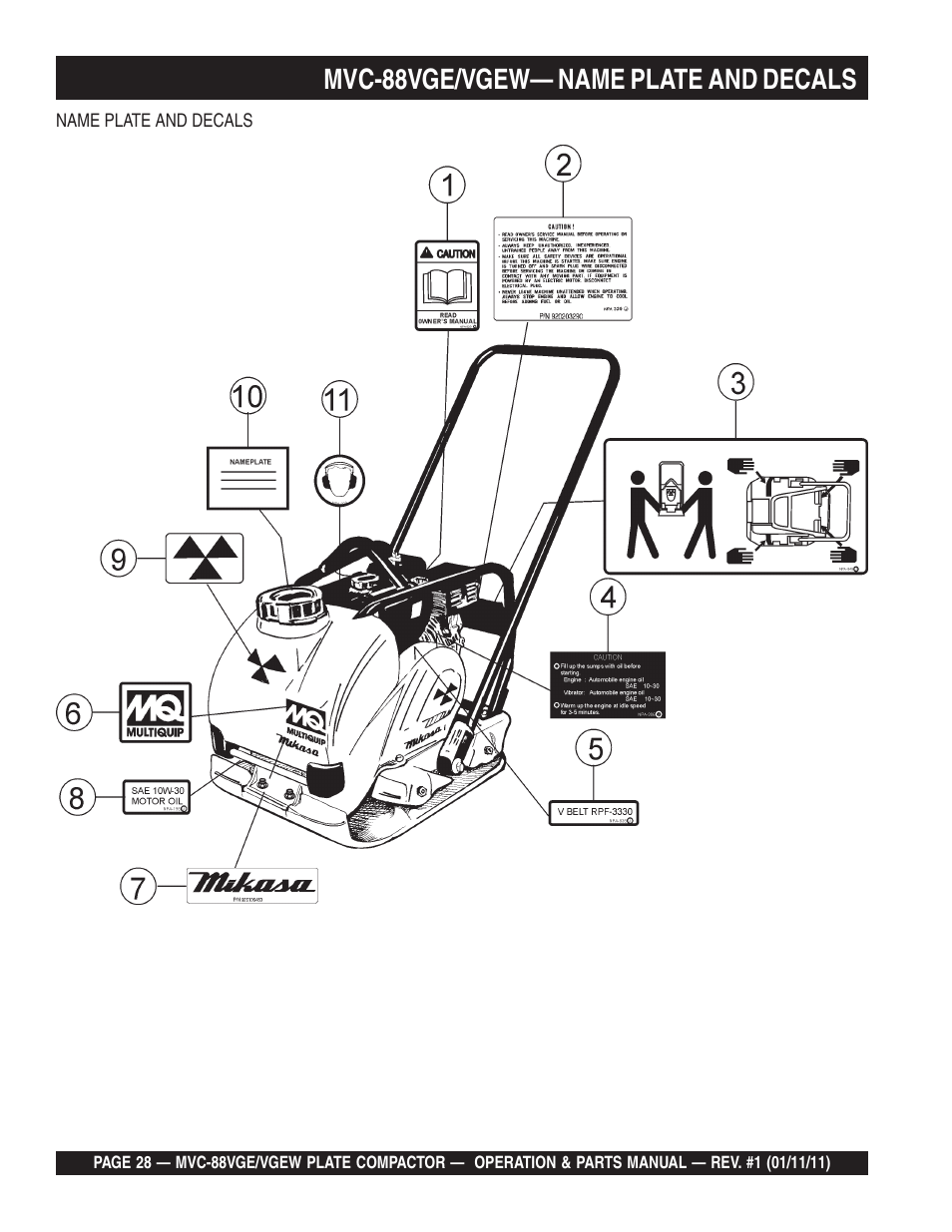 Mvc-88vge/vgew— name plate and decals | Multiquip MVC88VGE/VGEW User Manual | Page 28 / 64