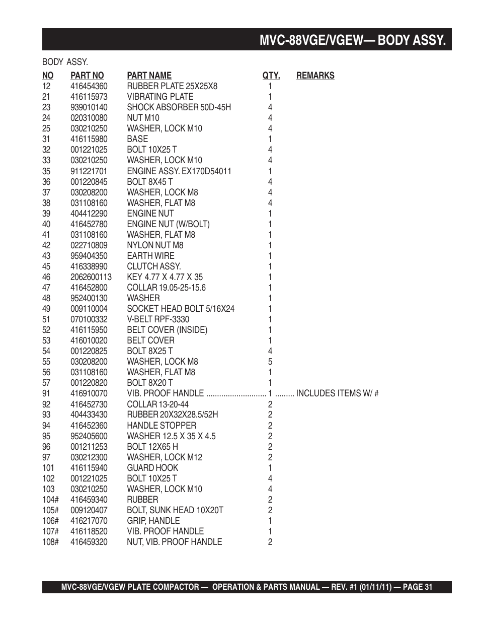 Mvc-88vge/vgew— body assy | Multiquip MVC88VGE/VGEW User Manual | Page 31 / 64