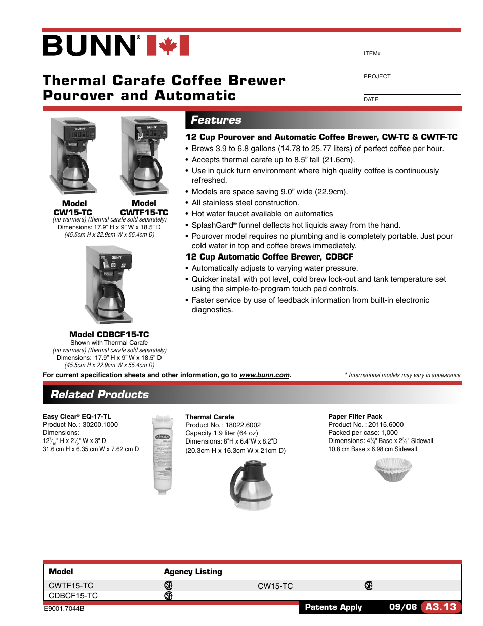 Bunn CW15-TC User Manual | 2 pages