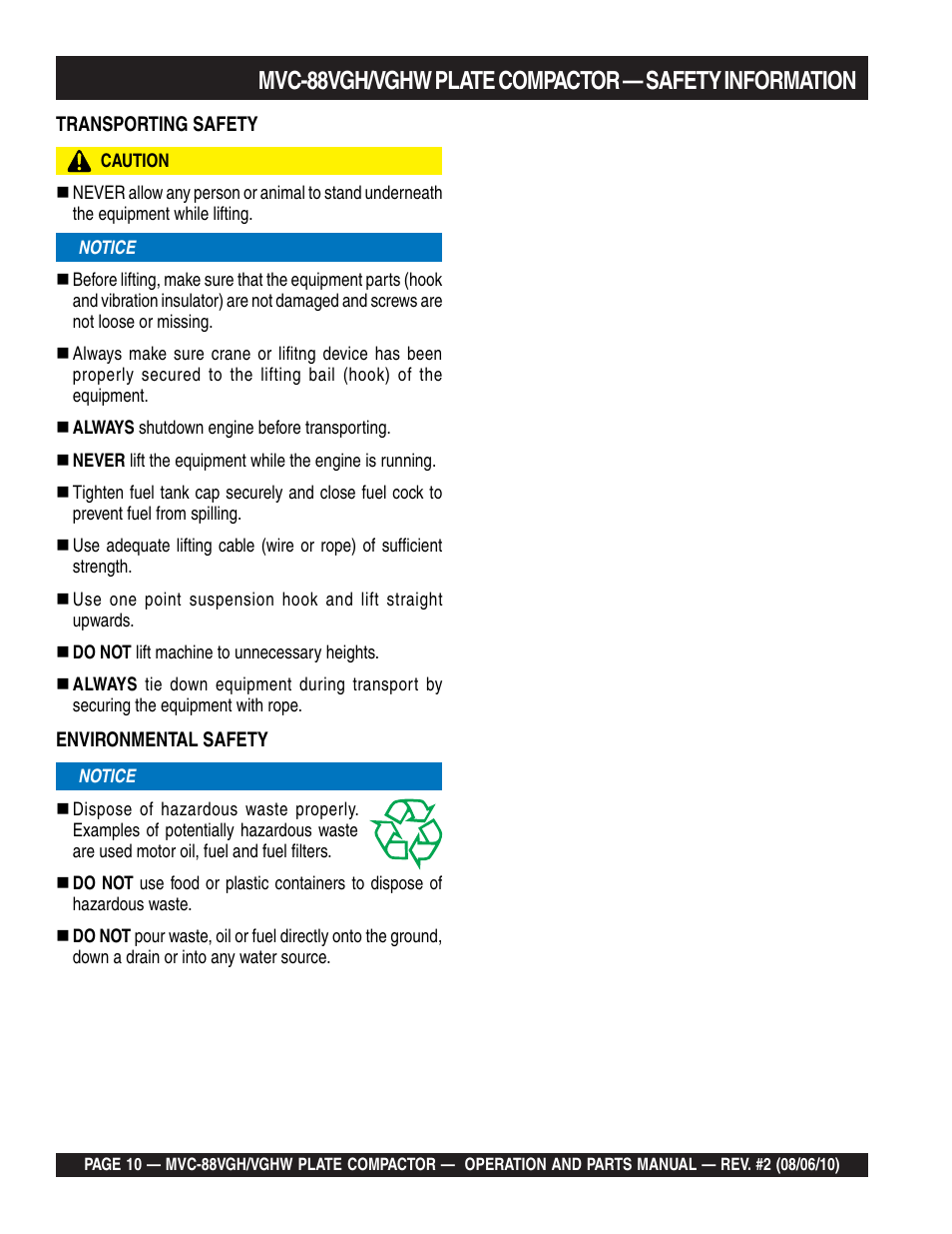 Multiquip MVC88VGH/VGHW User Manual | Page 10 / 70