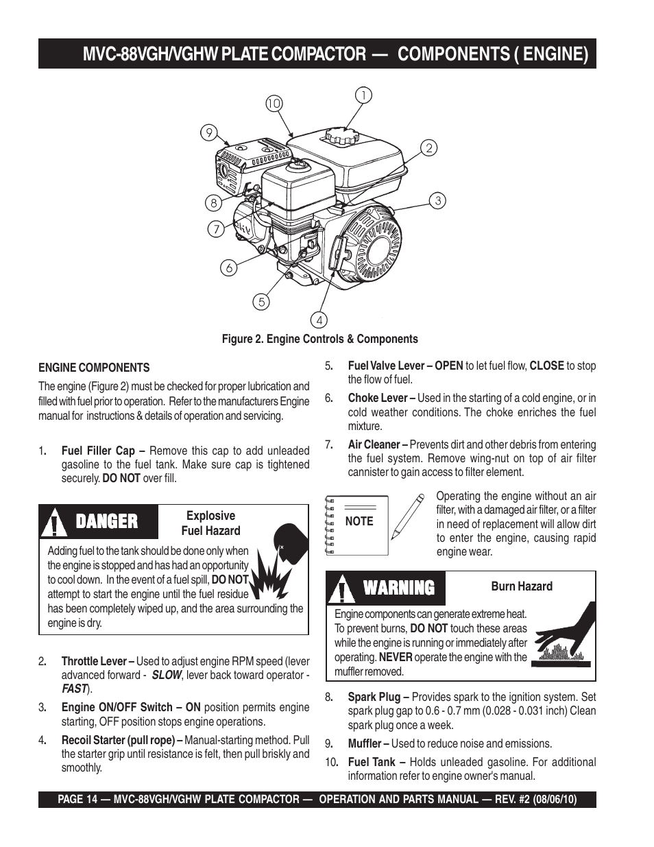 Danger, Warning | Multiquip MVC88VGH/VGHW User Manual | Page 14 / 70