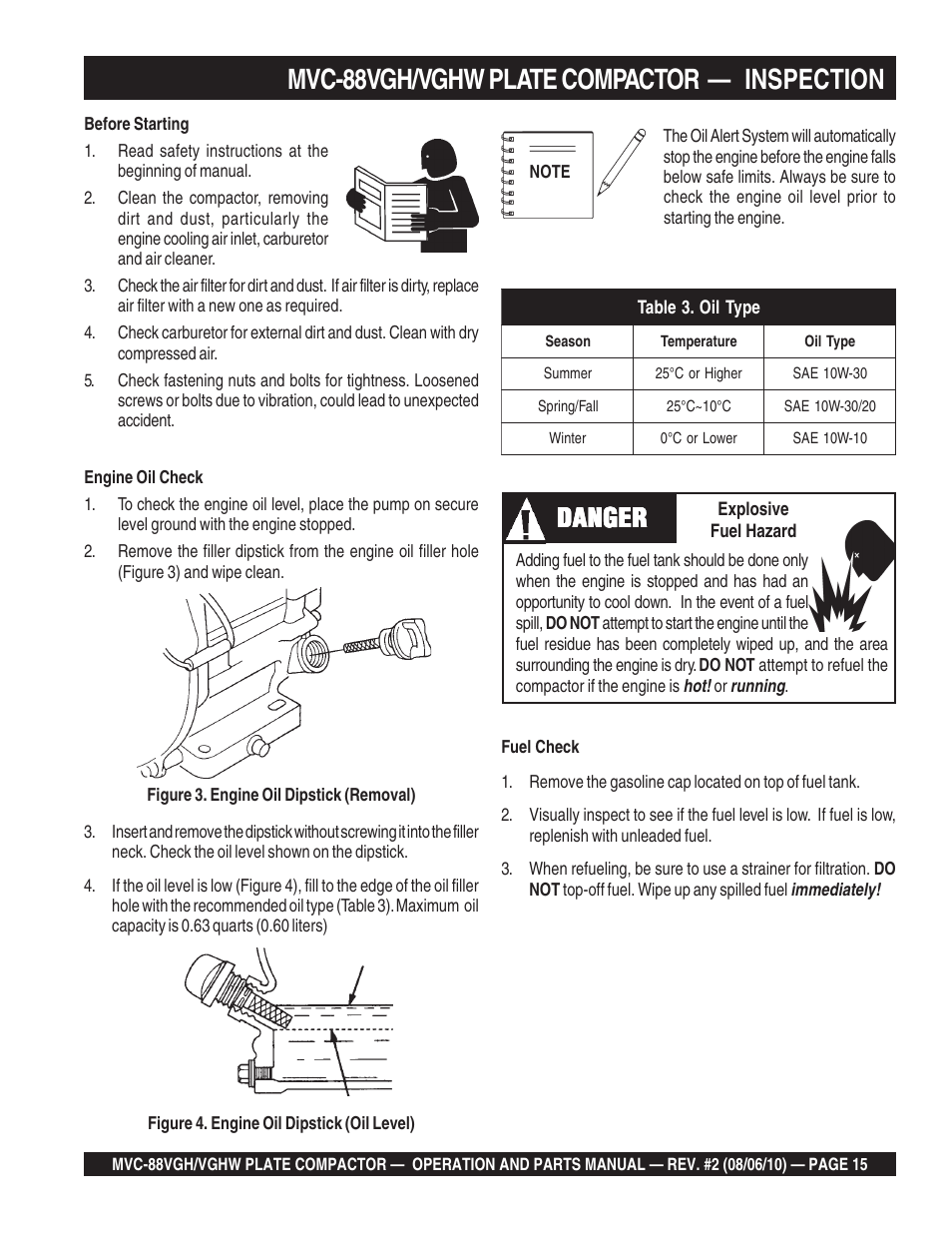 Mvc-88vgh/vghw plate compactor — inspection, Danger | Multiquip MVC88VGH/VGHW User Manual | Page 15 / 70