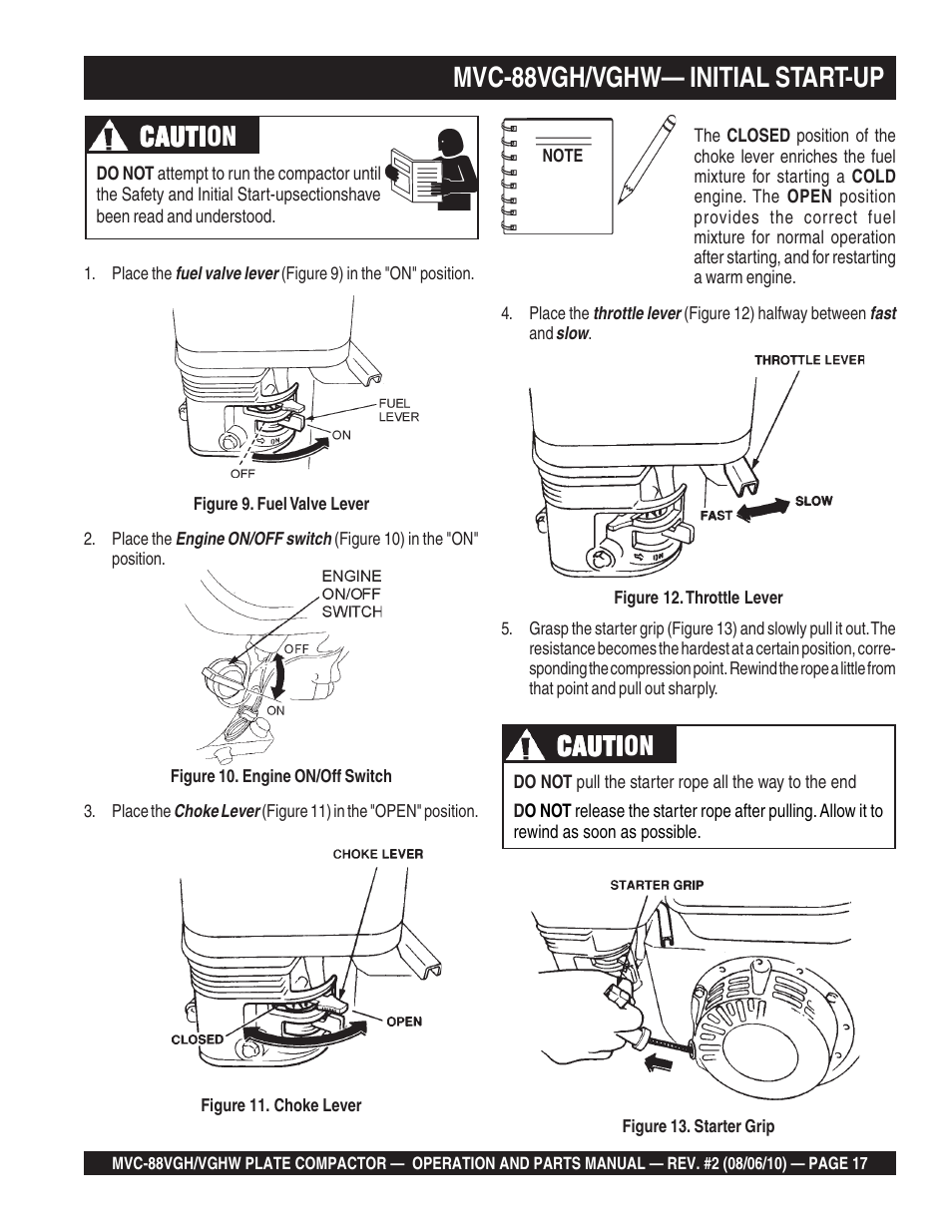 Mvc-88vgh/vghw— initial start-up, Cauti, Cauti caution | Multiquip MVC88VGH/VGHW User Manual | Page 17 / 70