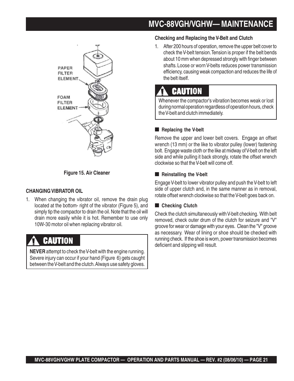 Mvc-88vgh/vghw— maintenance, Cauti, Cauti caution | Multiquip MVC88VGH/VGHW User Manual | Page 21 / 70