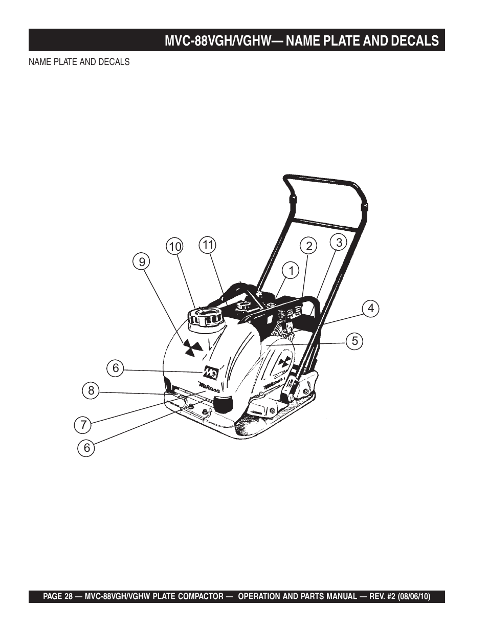 Mvc-88vgh/vghw— name plate and decals | Multiquip MVC88VGH/VGHW User Manual | Page 28 / 70