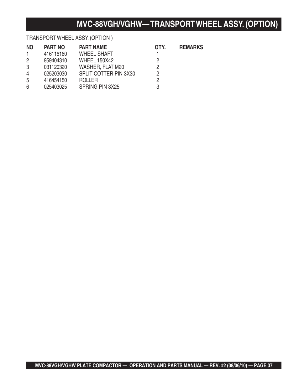 Mvc-88vgh/vghw— transport wheel assy. (option) | Multiquip MVC88VGH/VGHW User Manual | Page 37 / 70