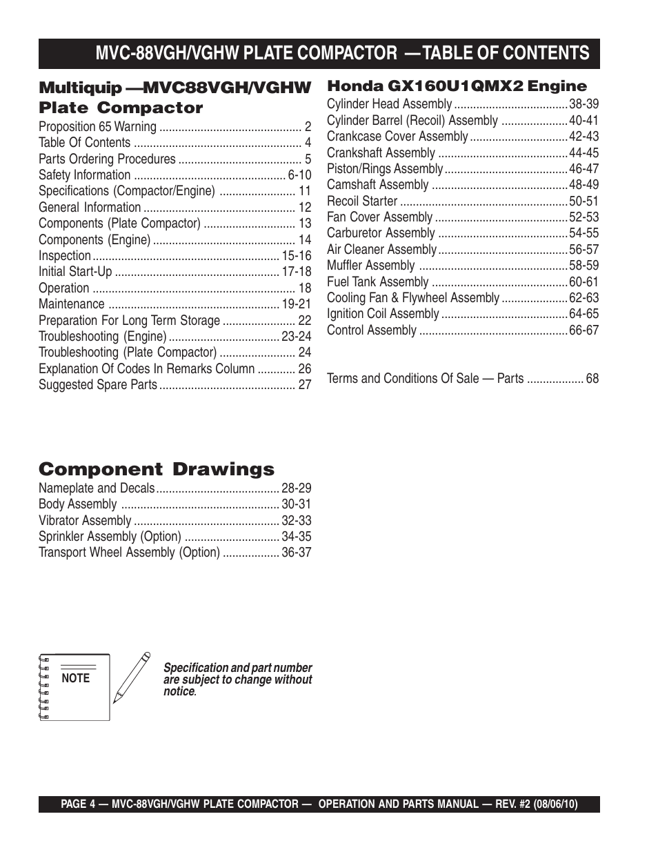 Component drawings | Multiquip MVC88VGH/VGHW User Manual | Page 4 / 70