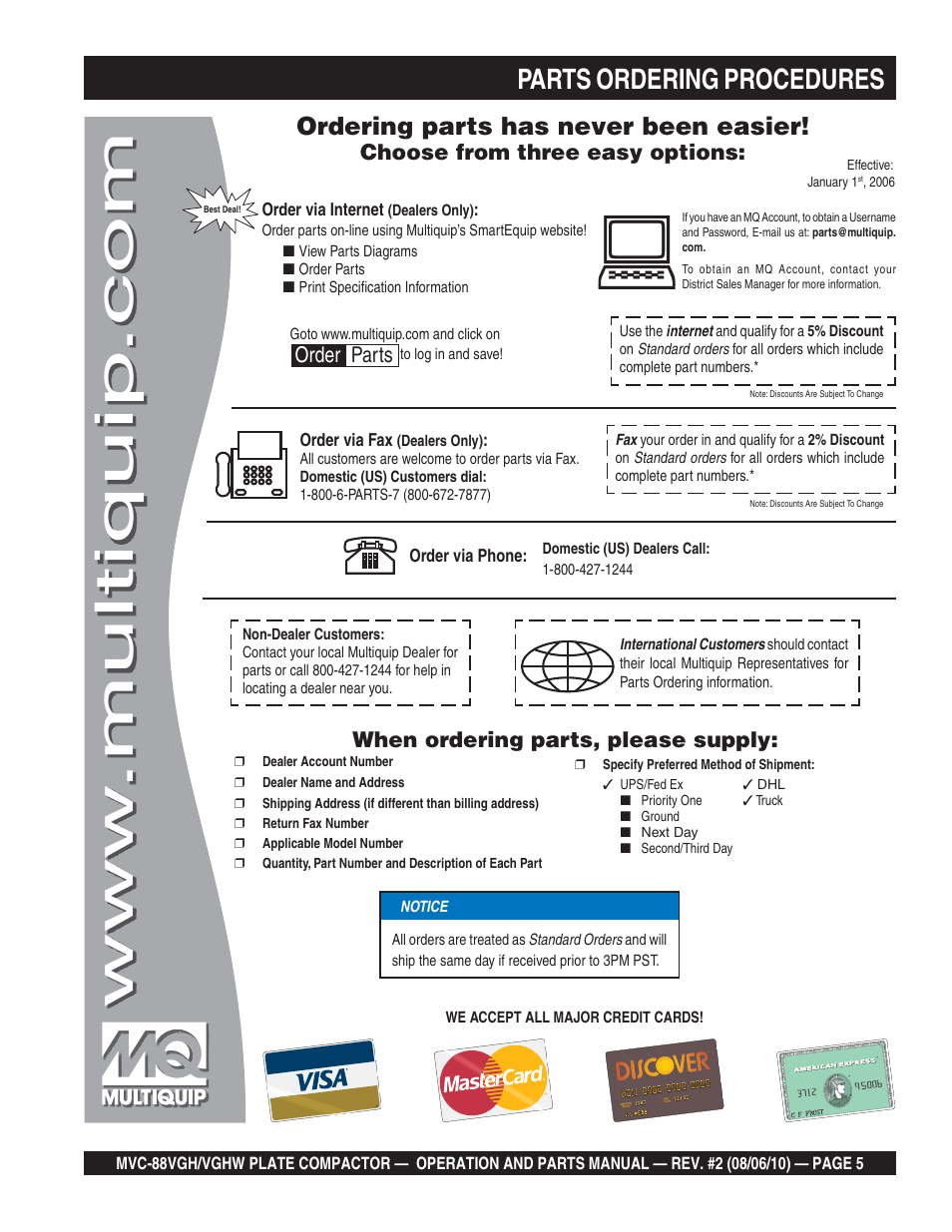 Parts ordering procedures, Ordering parts has never been easier, Choose from three easy options | When ordering parts, please supply, Order parts | Multiquip MVC88VGH/VGHW User Manual | Page 5 / 70