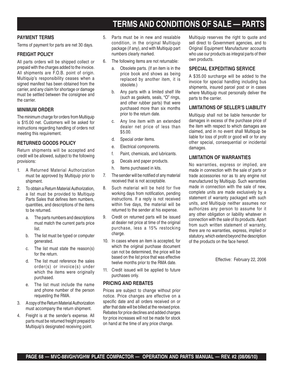 Lterms and conditions of sale — parts | Multiquip MVC88VGH/VGHW User Manual | Page 68 / 70