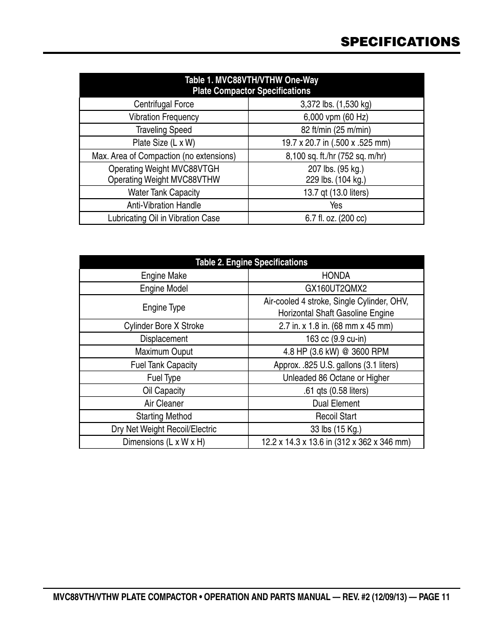 Specifications | Multiquip MVC88VTHW User Manual | Page 11 / 76