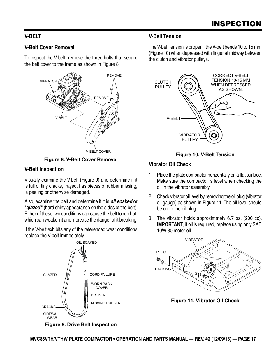 Inspection, V-belt v-belt cover removal, V-belt inspection | V-belt tension, Vibrator oil check | Multiquip MVC88VTHW User Manual | Page 17 / 76