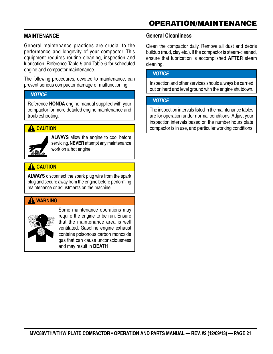 Operation/maintenance | Multiquip MVC88VTHW User Manual | Page 21 / 76