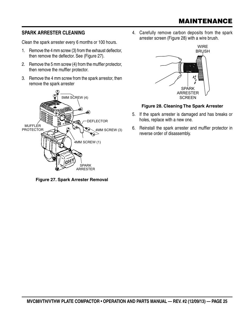 Maintenance, Spark arrester cleaning | Multiquip MVC88VTHW User Manual | Page 25 / 76