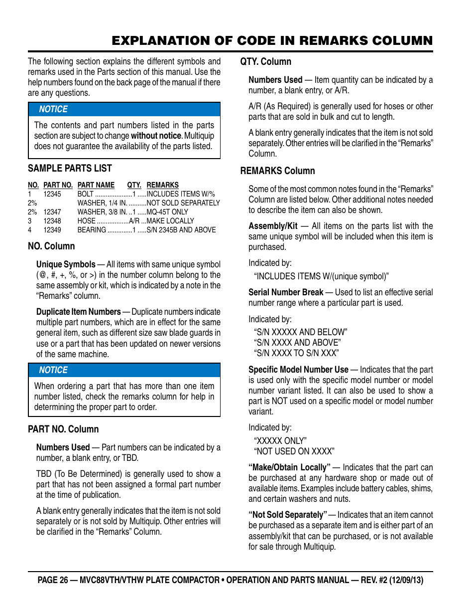 Explanation of code in remarks column | Multiquip MVC88VTHW User Manual | Page 26 / 76