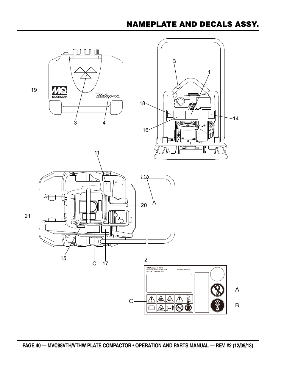 Nameplate and decals assy | Multiquip MVC88VTHW User Manual | Page 40 / 76